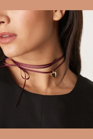 ASOS Choker necklace with ribbon and puff heart pendant in burgundy tone