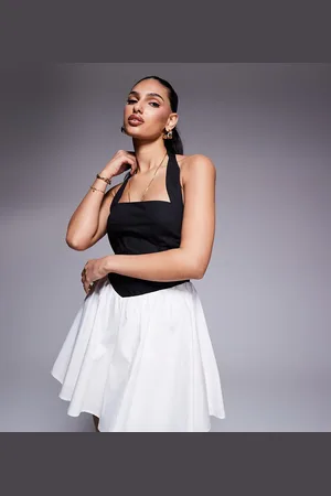 Kaiia Exclusive square halterneck contrast skirt mini dress in black and white