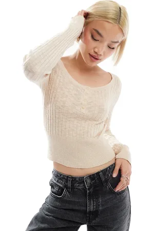 Stradivarius STR light knit buttoned top in ecru