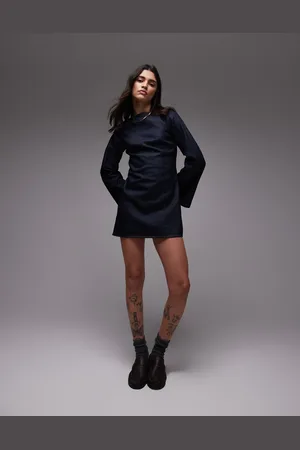 Topshop Denim long sleeve shift dress in raw look indigo