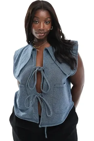 ASOS ASOS DESIGN Curve denim look peter pan collar waistcoat with tie front
