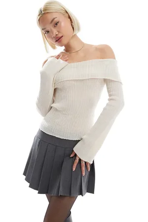 Stradivarius STR light knit off shoulder top in ecru