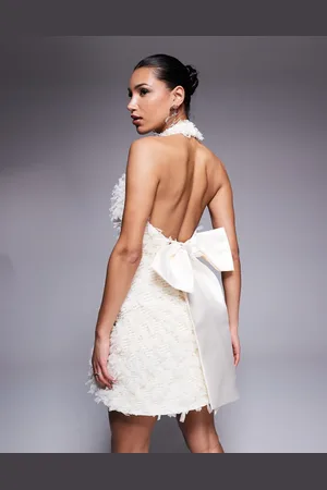 ASOS Textured halter mini dress with bow back in cream