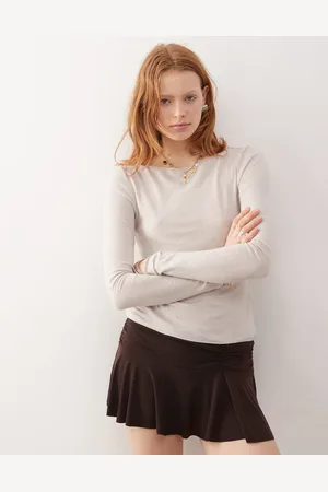 Weekday Linen blend long sleeve top in beige exclusive to ASOS