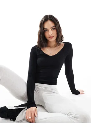 Stradivarius V neck long sleeve jersey top in