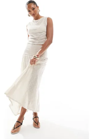 4th & Reckless Knitted deep waistband drop waist maxi skirt co-ord in beige