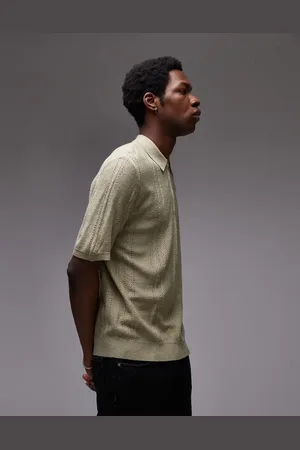 Topman Knitted short sleeve1/4 zip textured polo shirt in sage