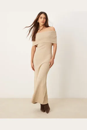 Pretty Lavish Bardot knit midaxi dress in stone