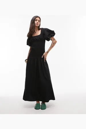 Topshop Puff sleeve square neck shirred midi dress in black