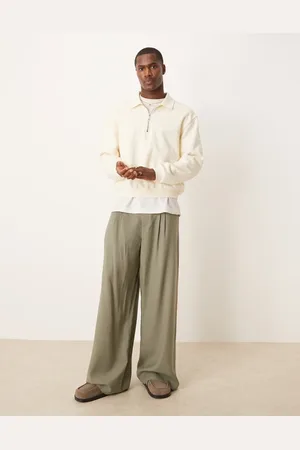 ASOS Loose leg smart trouser with double stitch down pleat in khaki