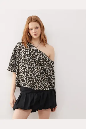 ASOS Off shoulder short sleeve jacquard t-shirt in leopard
