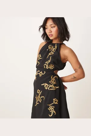 ASOS ASOS DESIGN petite all over floral embroidered halter mini dress with open back in black