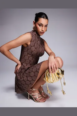 ASOS High neck pleated lace mini dress in chocolate