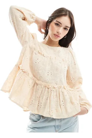 Object Tiered long sleeve broderie top in cream