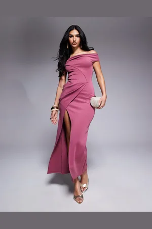 ASOS Scuba manipulated neck bardot midaxi dress with boned bodice in dusty rose