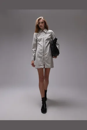 Topshop Denim zip through shirt dress in ecru