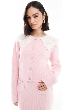 The Frolic Exclusive fluffy knit crochet collar diamante button detail cardigan co-ord in