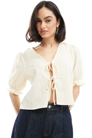 Pieces® Jaquard detail tie front puff sleeve top in cream