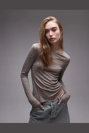 Topshop Wool mix long sleeve top in oat marl