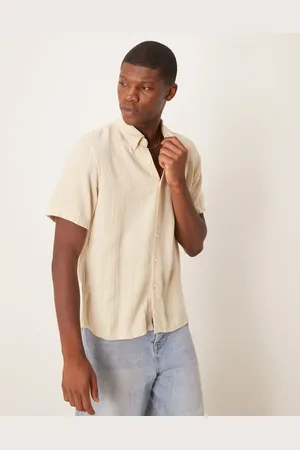 Abercrombie & Fitch Textured linen collar detail short sleeve shirt in cream
