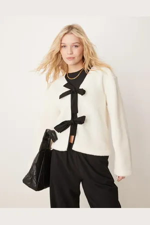ASOS Borg jacket with bow tie details in ecru