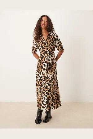JDY Short sleeve tie waist maxi shirt dress in leo print