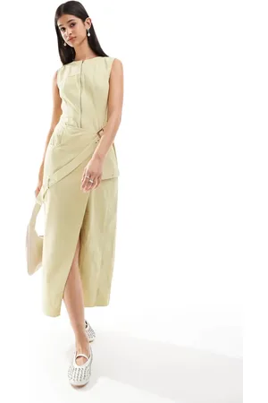ASOS Twill split hem midi dress with buckle in stone acid wash