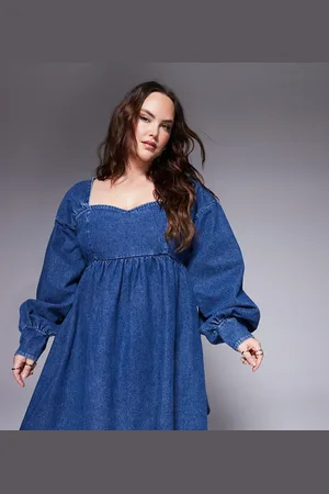 ASOS Curve denim long sleeve baby doll mini dress with bow back in