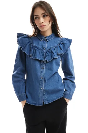 ONLY Long sleeve frill denim shirt in mid wash