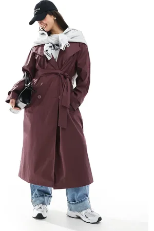 ASOS Rubberised rain hooded trench coat with belt detail in burgundy