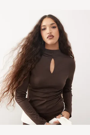 COLLUSION Long sleeve high neck cut out fitted sporty top in chocolate co-ord