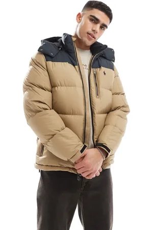 Ralph Lauren Icon logo down fill colourblock puffer jacket in khaki beige/