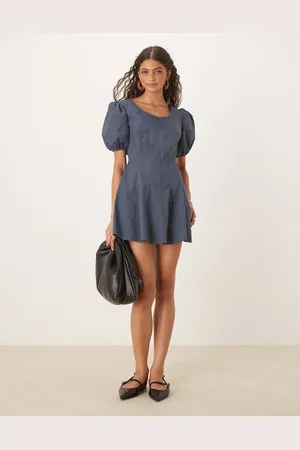 ASOS Poplin puff sleeve mini dress with godets in charcoal