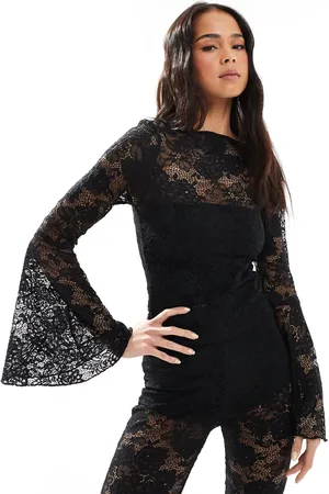 Miss Selfridge Extreme flare sleeve lace long sleeve top in
