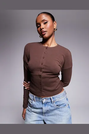 ASOS Long sleeve button up top with ribbed waist and cuffs in chocolate