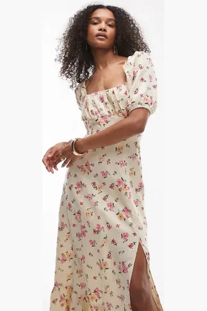 & OTHER STORIES Linen puff sleeve midaxi dress with split in floral print