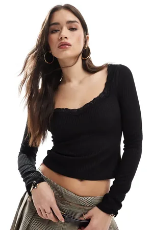 Miss Selfridge Lace trim ribbed long sleeve top