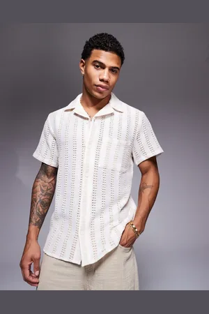 South Beach Crochet short sleeve beach shirt in beige and cream