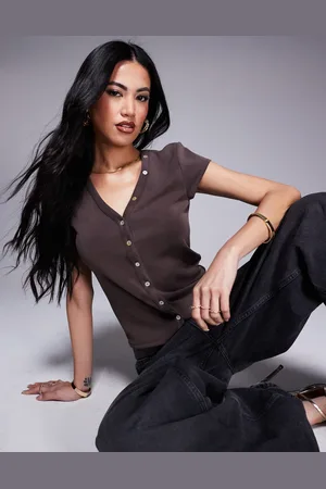 ASOS Cupro button through short sleeve cardigan in chocolate