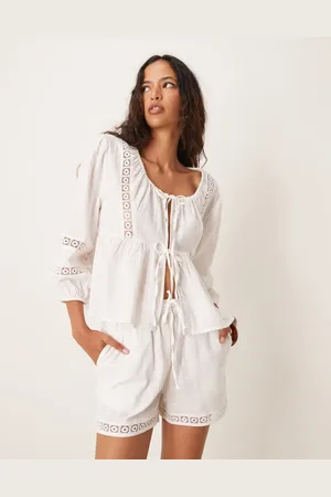 Iisla & Bird Long sleeve crochet panel tie front beach shirt co-ord in