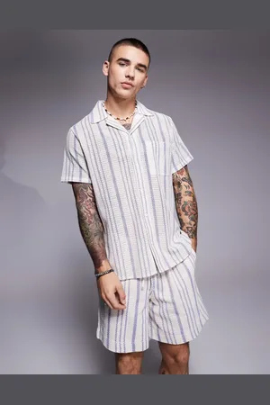 South Beach Stripe short sleeve beach shirt co-ord in cream blue stripe