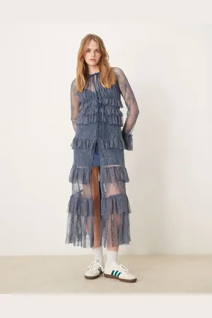ASOS Button front lace frill shirt dress in blue
