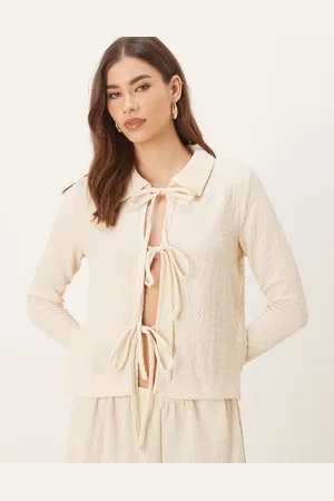 VILA Textured polo neck tie front jersey top co-ord in cream