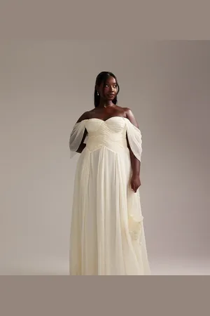 ASOS ASOS DESIGN Curve pleated corset maxi wedding dress with draped sleeves in ivory