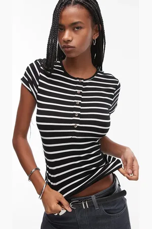 Topshop Short sleeve henley top in mono stripe
