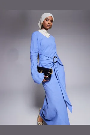 DASKA Long sleeve maxi dress with belt detail in soft