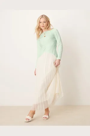ASOS Colour block dropped waist pleated skirt maxi dress in green and cream