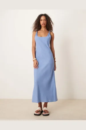 ASOS Linen look twist strap bias maxi dress in in denim wash