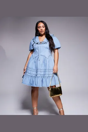 ASOS Curve denim collared puff sleeve mini dress in blue