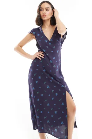 ASOS V neck flutter sleeve midi tea dress in navy ditsy floral print